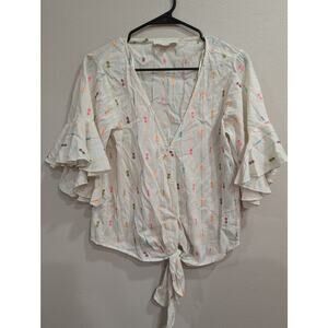 Pretty embroidered short sleeve tie front gauzy blouse by Lovestich size S